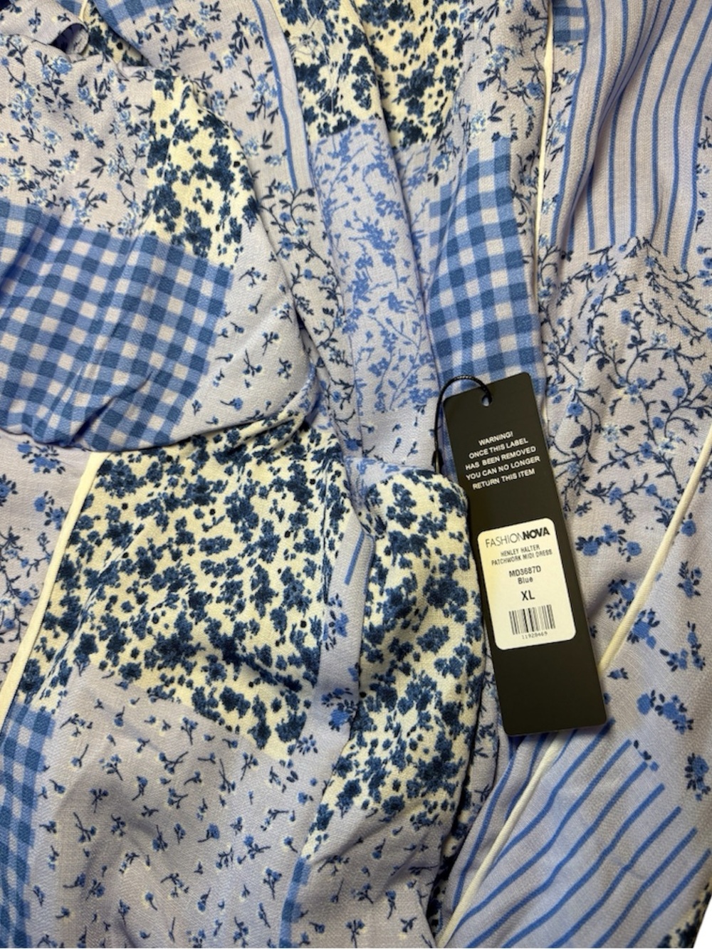 Fashion Nova Light Blue Patchwork Halter Midi Dress - Picture 4 of 5